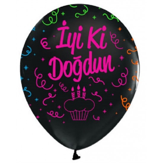 İyi Ki Doğdun Renkli Baskılı Siyah Lateks Balon 100Lü Paket