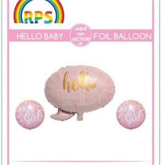 Hello Baby Pembe Folyo Balon 3Lü Set 45Cm - 70Cm