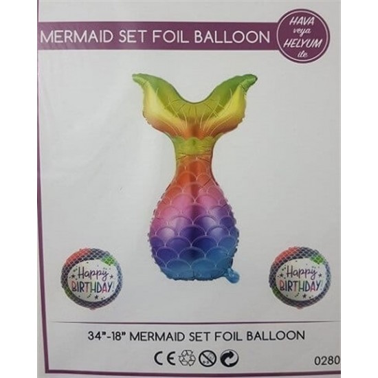 Deniz Kızı Kuyruk 3Lü Set Folyo Balon 75Cm-40Cm