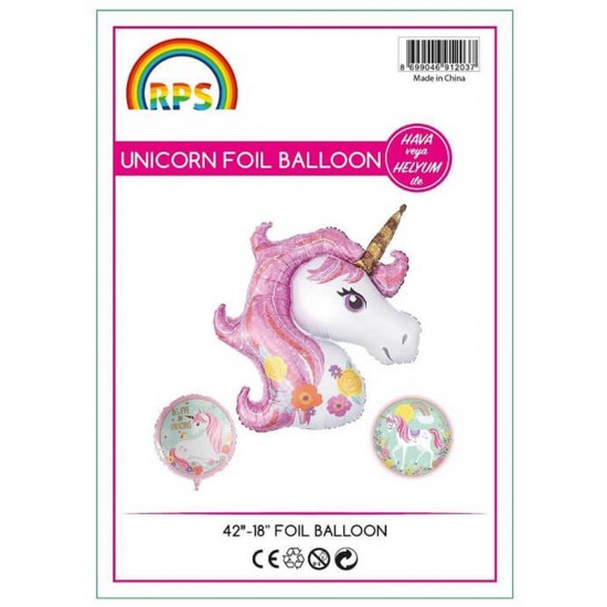 Unicorn Folyo Balon 3Lü Set 45Cm - 90Cm