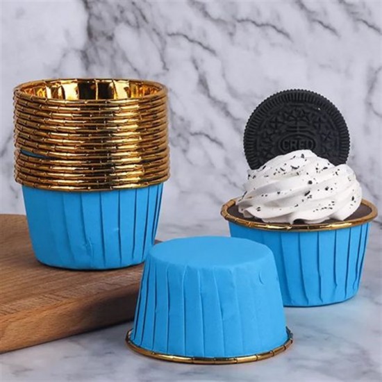 Kağıt Muffin Kek Ve Sufle Kapsülü Mavi İçi Metalik Gold