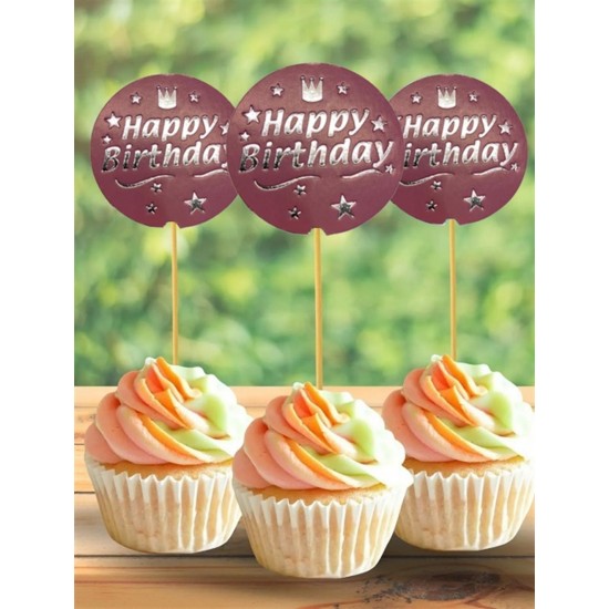 Happy Birthday Pembe Gümüş Yaldızlı Parti Cupcake Kürdan 20 Adet