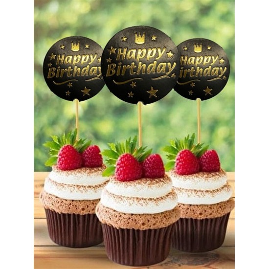 Happy Birthday Siyah Gold Yaldızlı Parti Cupcake Kürdan 20 Adet