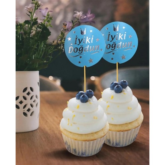 İyi Ki Doğdun Mavi Gümüş Yaldızlı Parti Cupcake Kürdan 20 Adet