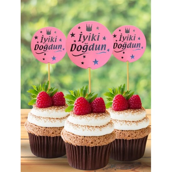 İyi Ki Doğdun Pembe Gümüş Yaldızlı Parti Cupcake Kürdan 20 Adet