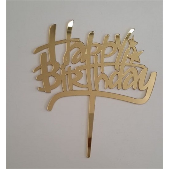 Pasta Üstüne Pleksi El Yazısı Yıldız Şekilli Happy Birthday Gold Yazı