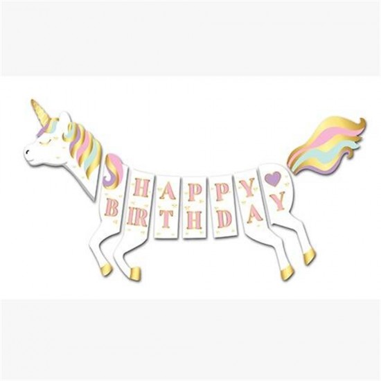 Unicorn Sihirli At Temalı Happy Birthday 3D Dekoratif Banner Kağıt Süs